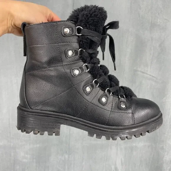 Nine West Vegan Boots Womens 8.5 Faux Fur Block Heel Black Lace Up - Picture 1 of 8